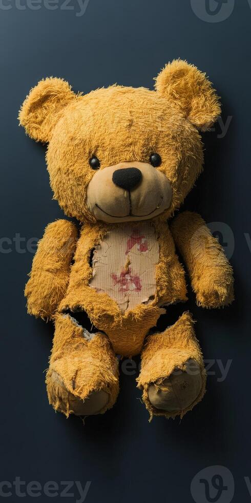 Worn teddy bear resting on a dark background showing signs of love and wear photo