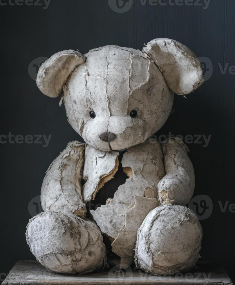 Vintage teddy bear in worn condition with visible damage on display photo