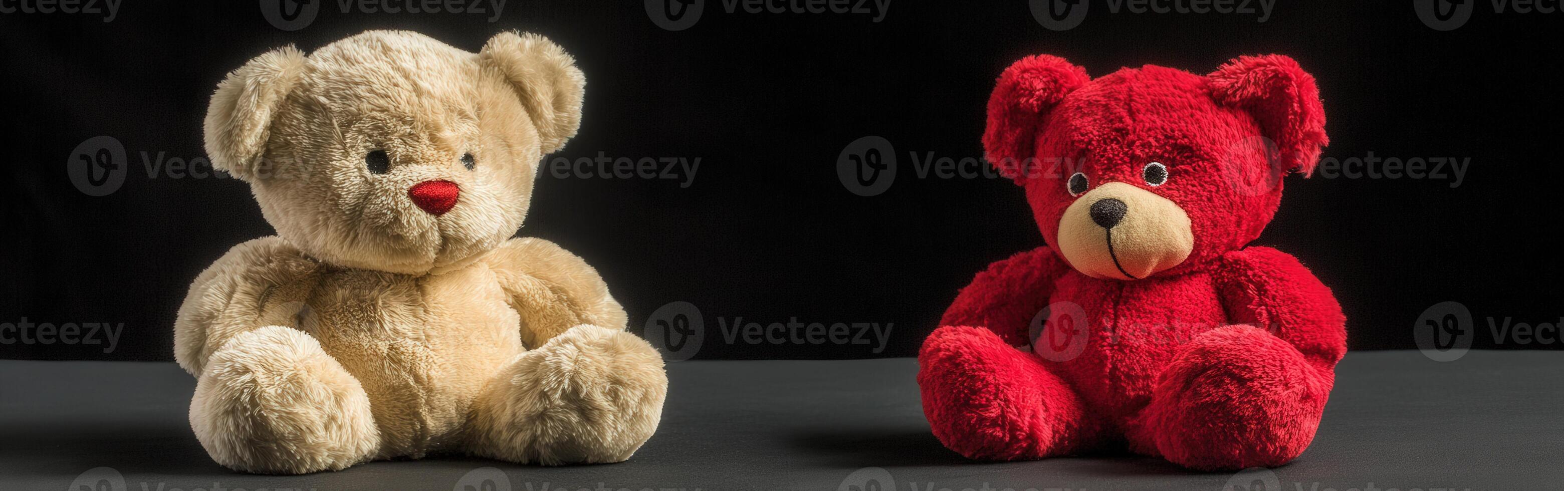 Two plush teddy bears on a dark background showcasing different colors photo