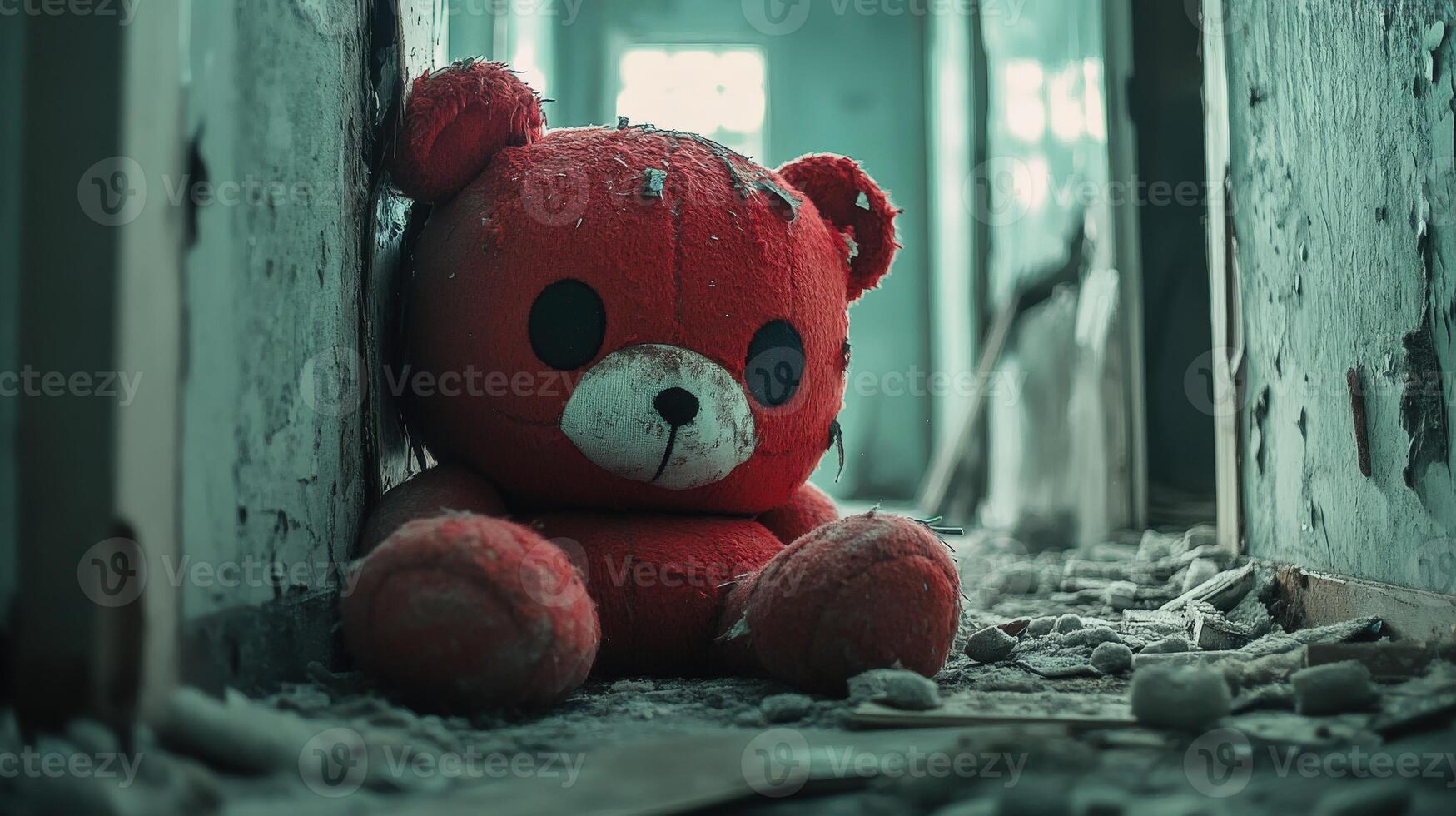 Abandoned teddy bear in a dilapidated building exudes nostalgia and sorrow photo