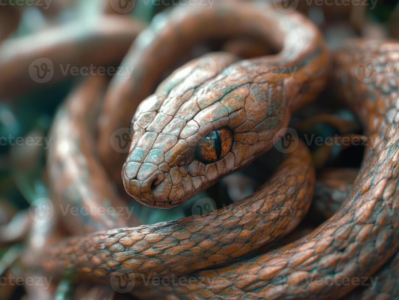 Close-up of a beautifully patterned snake resting among foliage in nature photo