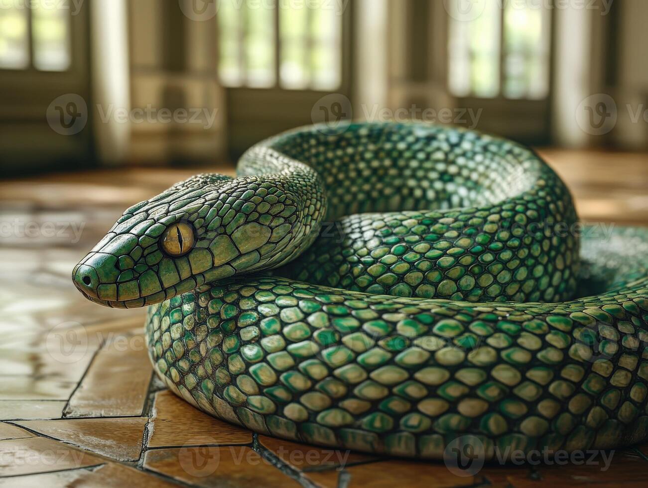 Green snake displaying intricate scales in a bright indoor setting photo