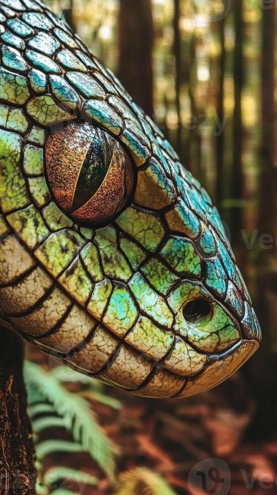 Close-up of a vibrant green snake resting in a lush forest during daylight photo