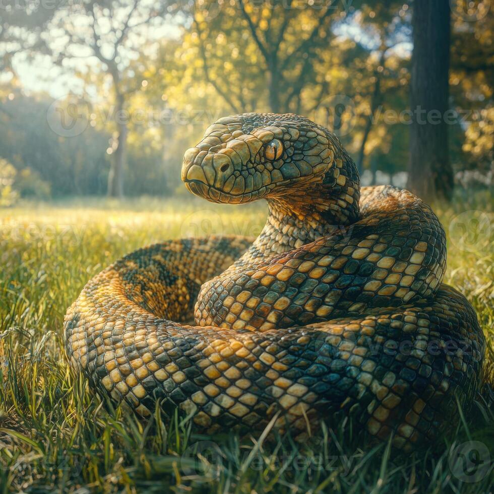 A large and colorful snake rests on the grass in a sunlit park photo