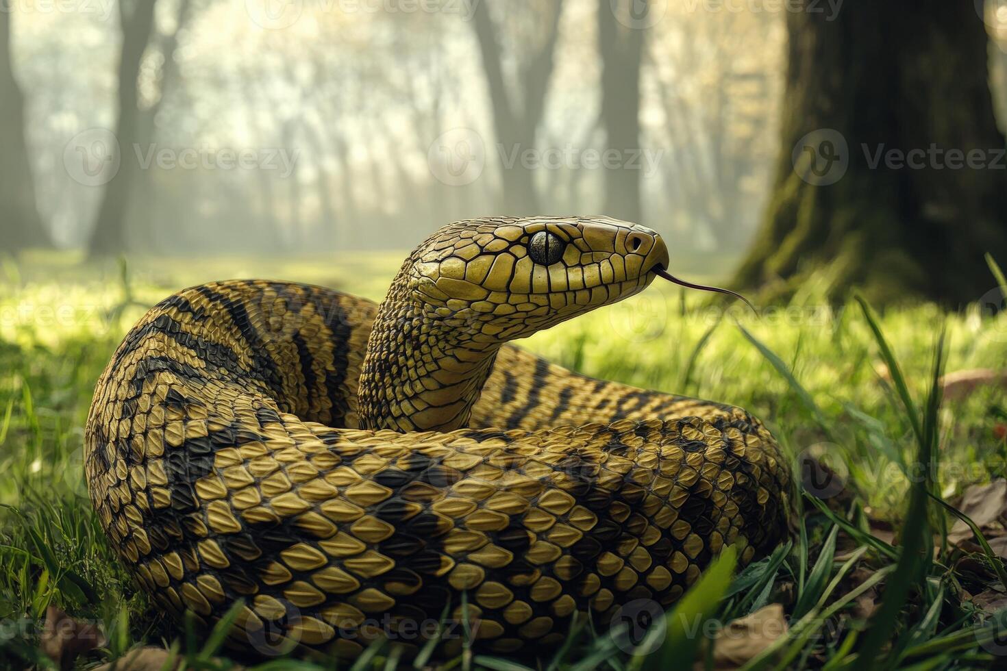 Beautiful patterned serpent coiled in tranquil forest during golden hour photo