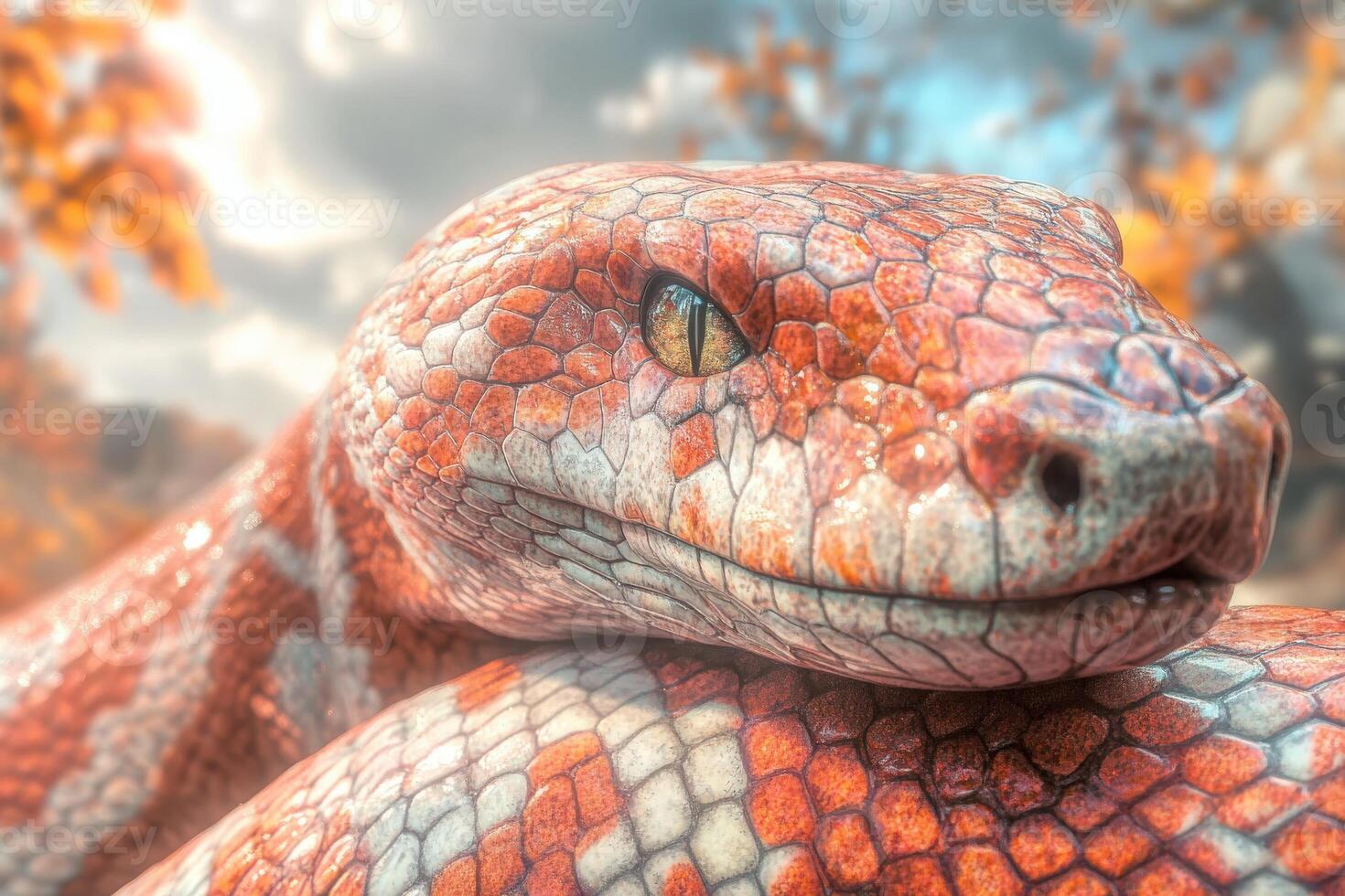 Colorful snake resting among autumn foliage in a vibrant outdoor setting photo