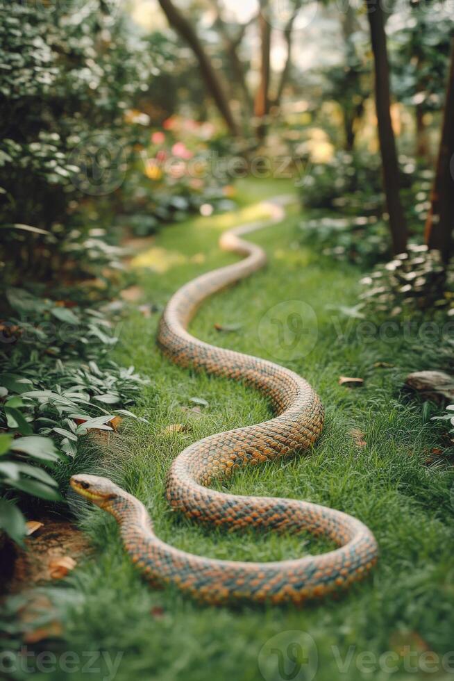 Snake slithering on a lush garden pathway surrounded by vibrant plants photo