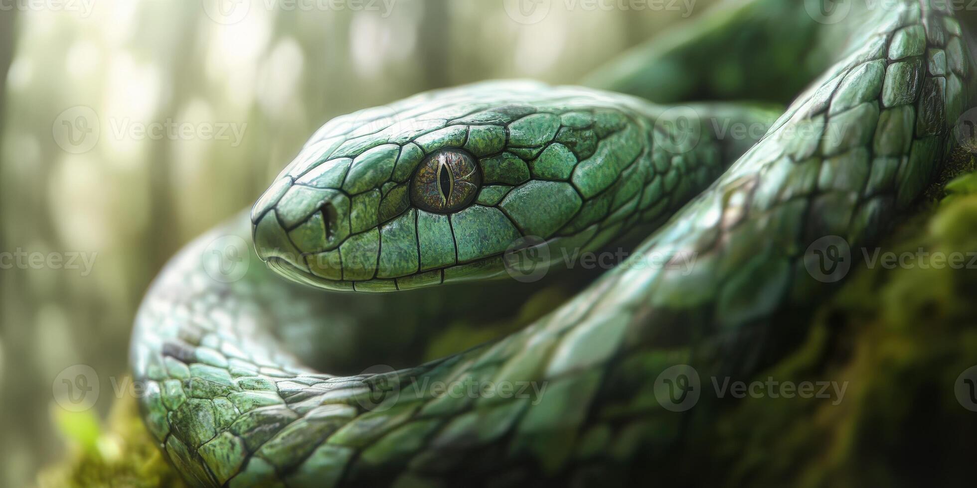 Captivating green snake resting on lush foliage in a tropical forest photo