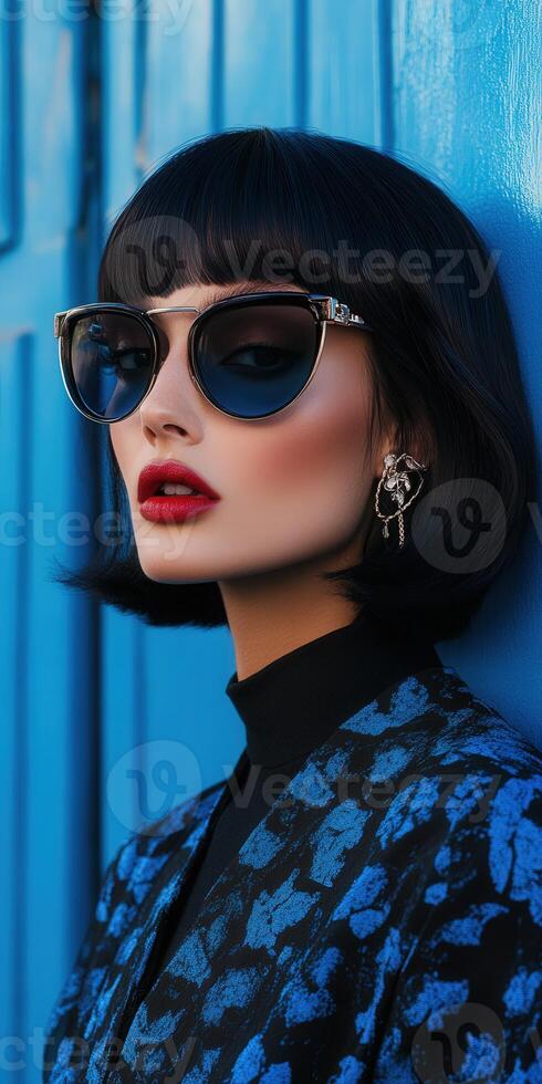 Stylish woman with sunglasses in front of a blue wall during daytime photo