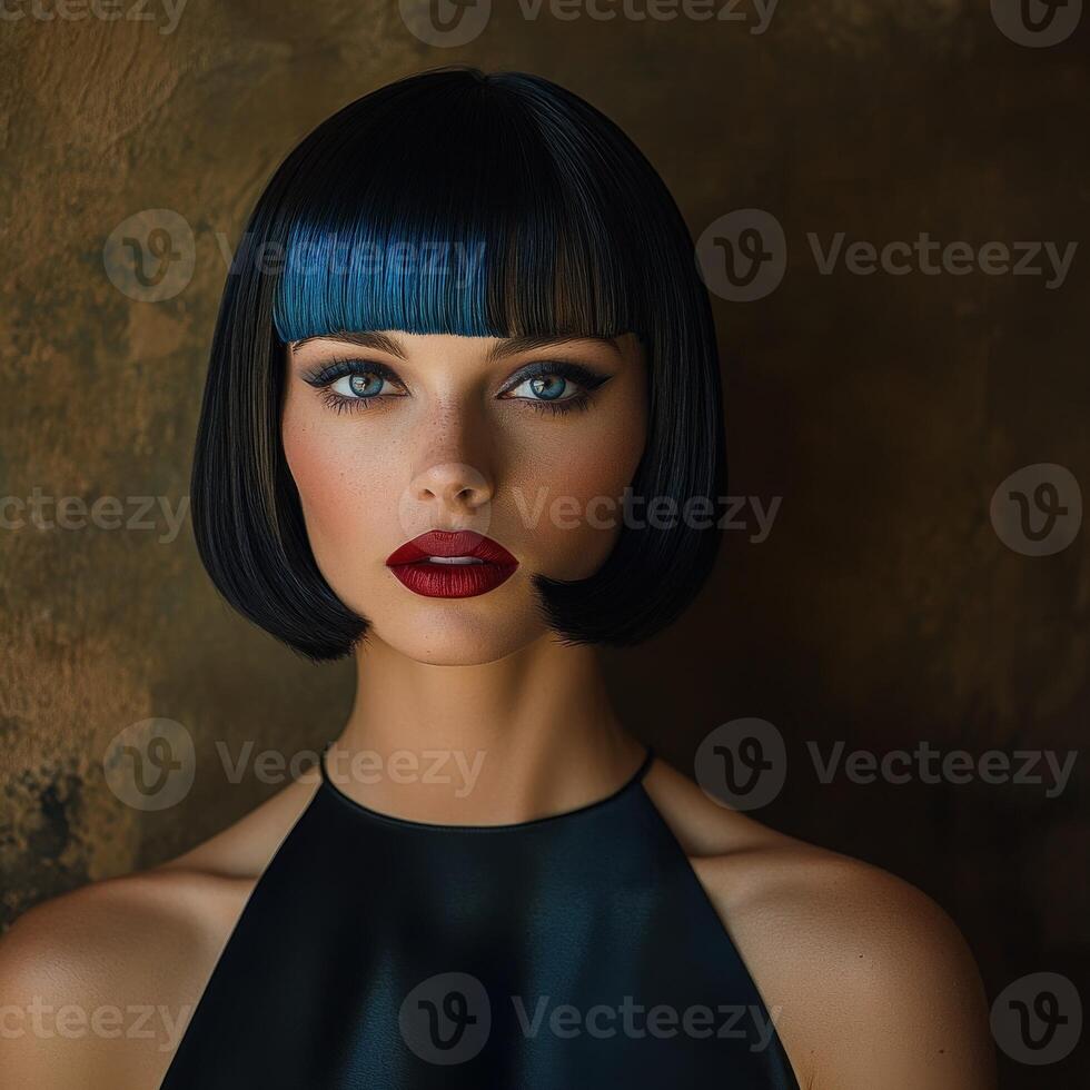 Woman with sleek bob hairstyle and striking blue highlights posing elegantly photo