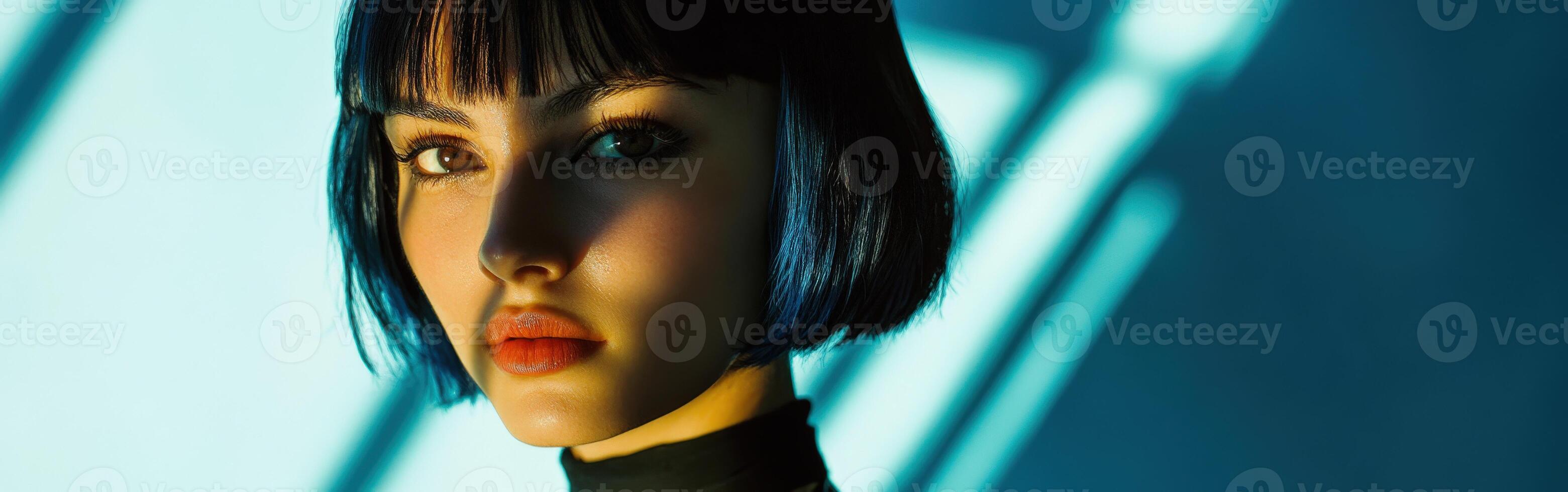 Striking portrait of a young woman with blue hair in dramatic lighting photo