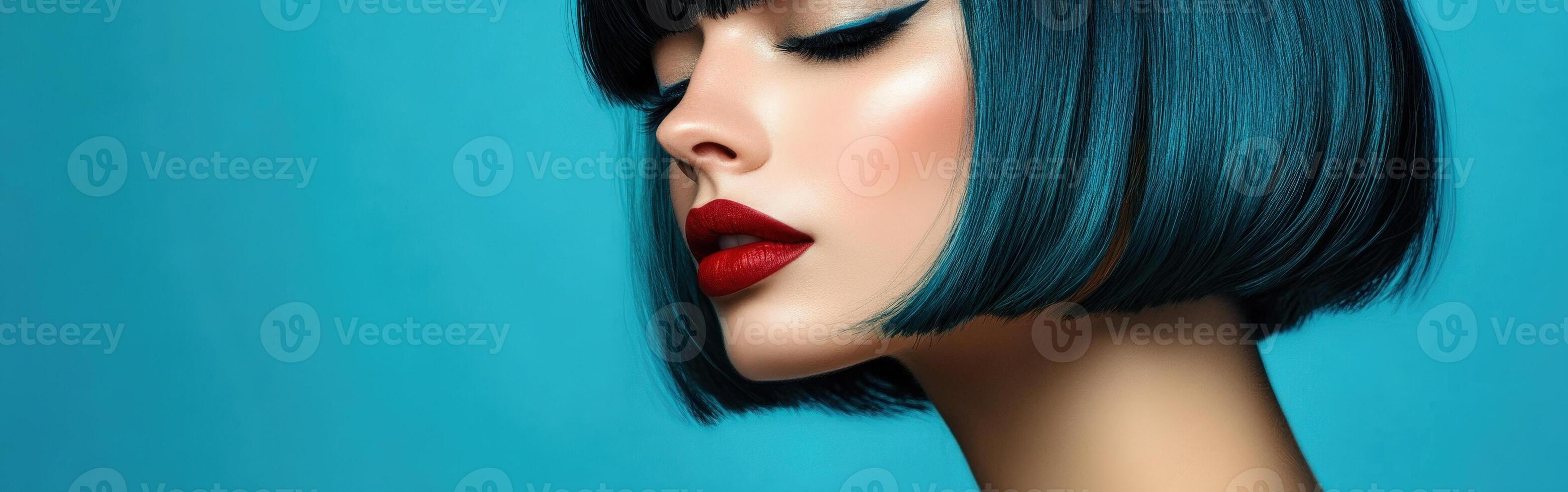 Bold hairstyle showcases vibrant blue bob and striking red lips on model photo