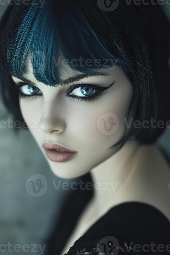 Elegant portrait of a woman with striking blue hair and dramatic makeup photo
