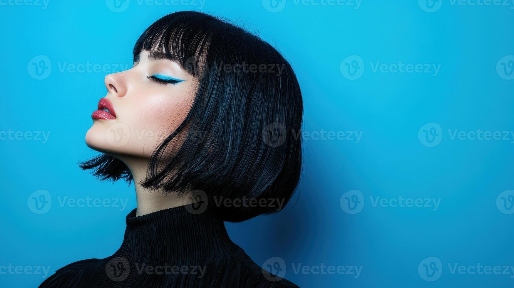 Stylish portrait of a young woman with bold makeup against a blue backdrop photo