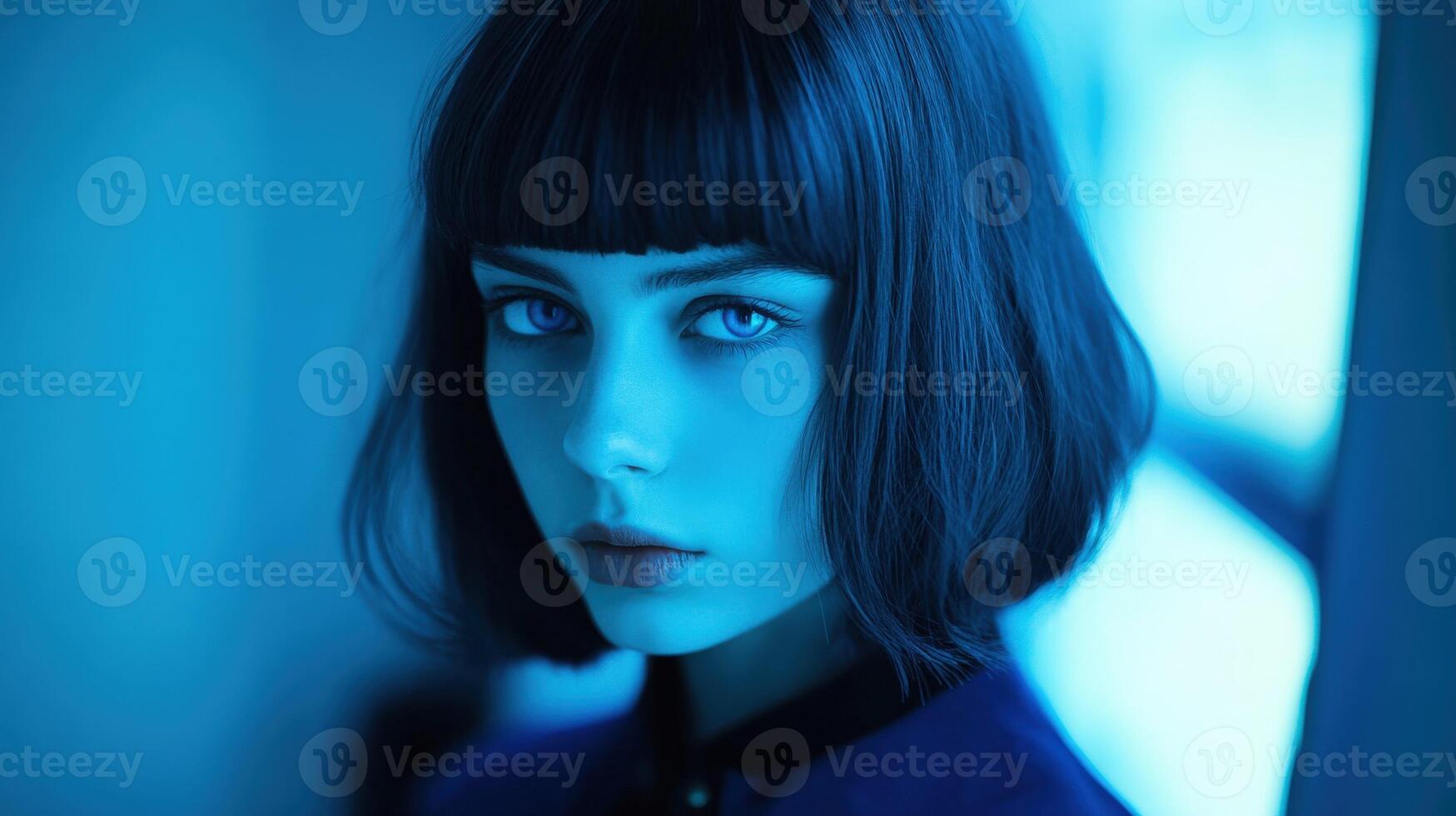 Portrait of a woman with striking blue lighting and short hair photo