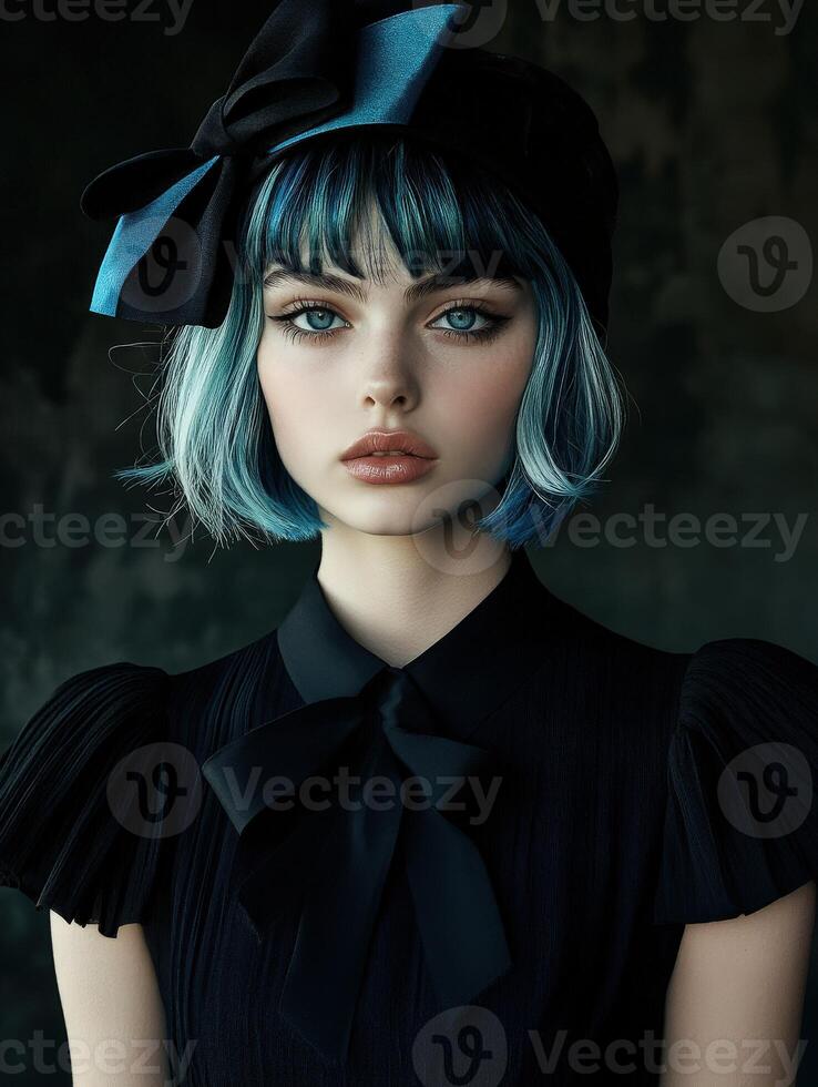 Young woman with blue-haired bob and dark clothing poses elegantly indoors photo