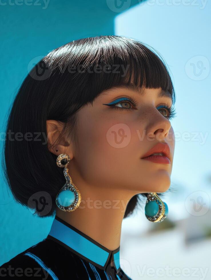 A young woman showcases bold blue eye makeup and large turquoise earrings photo