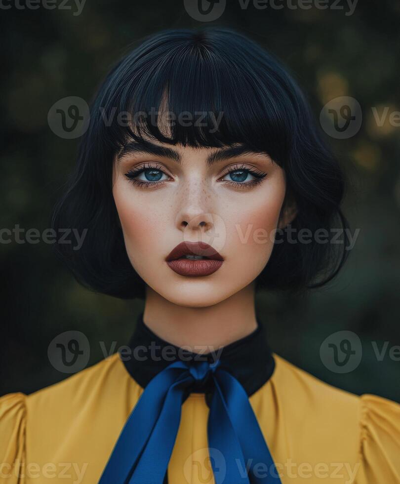A woman with striking blue eyes and dark hair poses confidently outdoors photo
