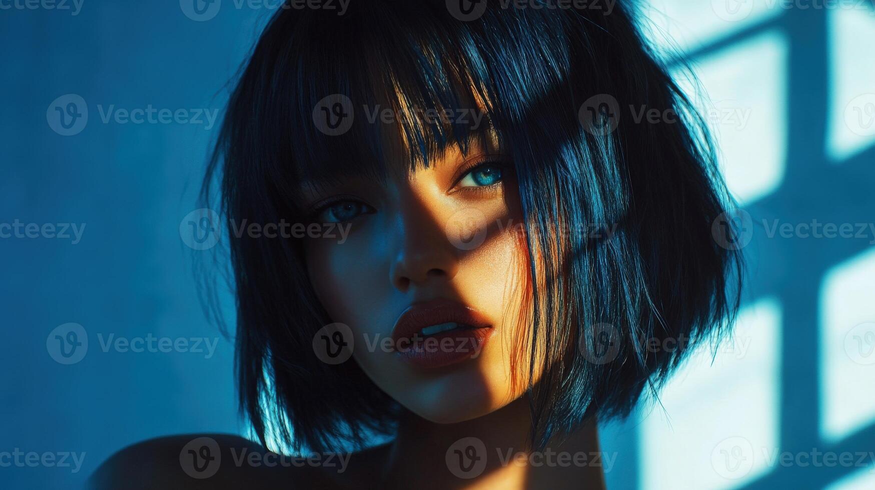 Portrait of a young woman with unique features in dramatic lighting photo