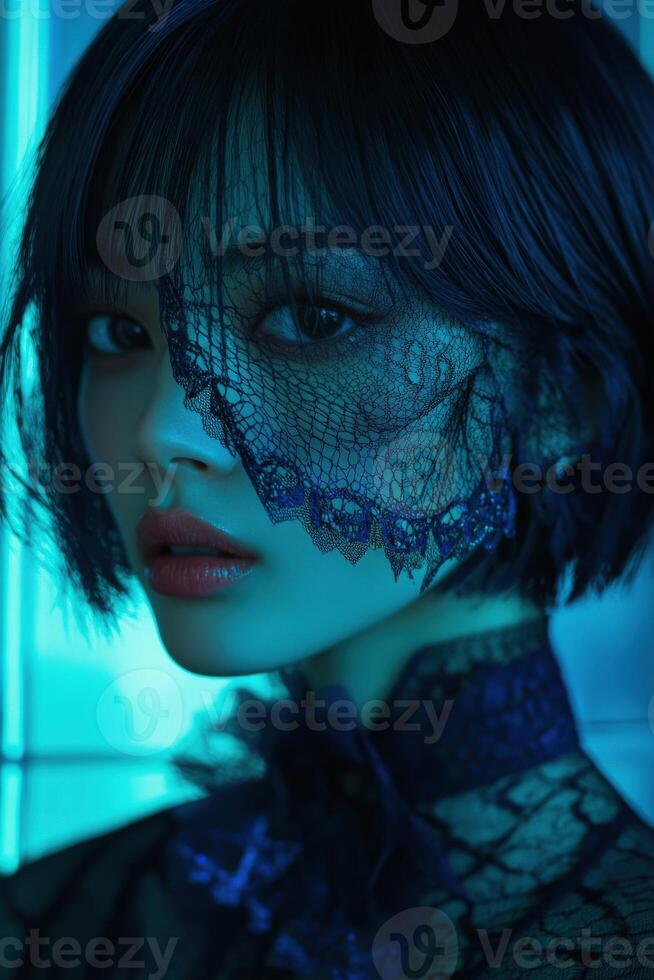 Portrait of a woman in intricate lace against a vibrant background photo