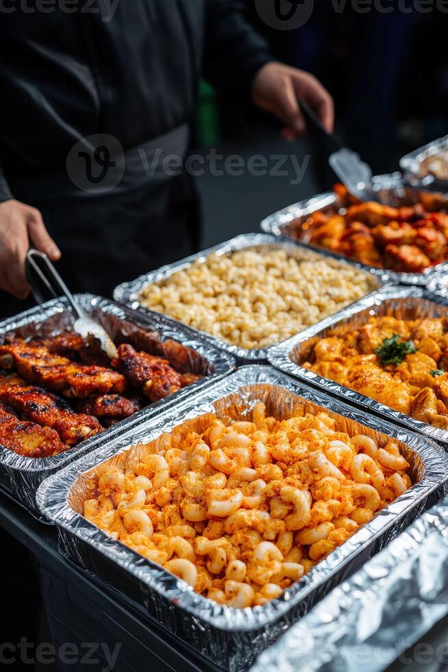 Delicious array of dishes at a festive food event in the evening photo