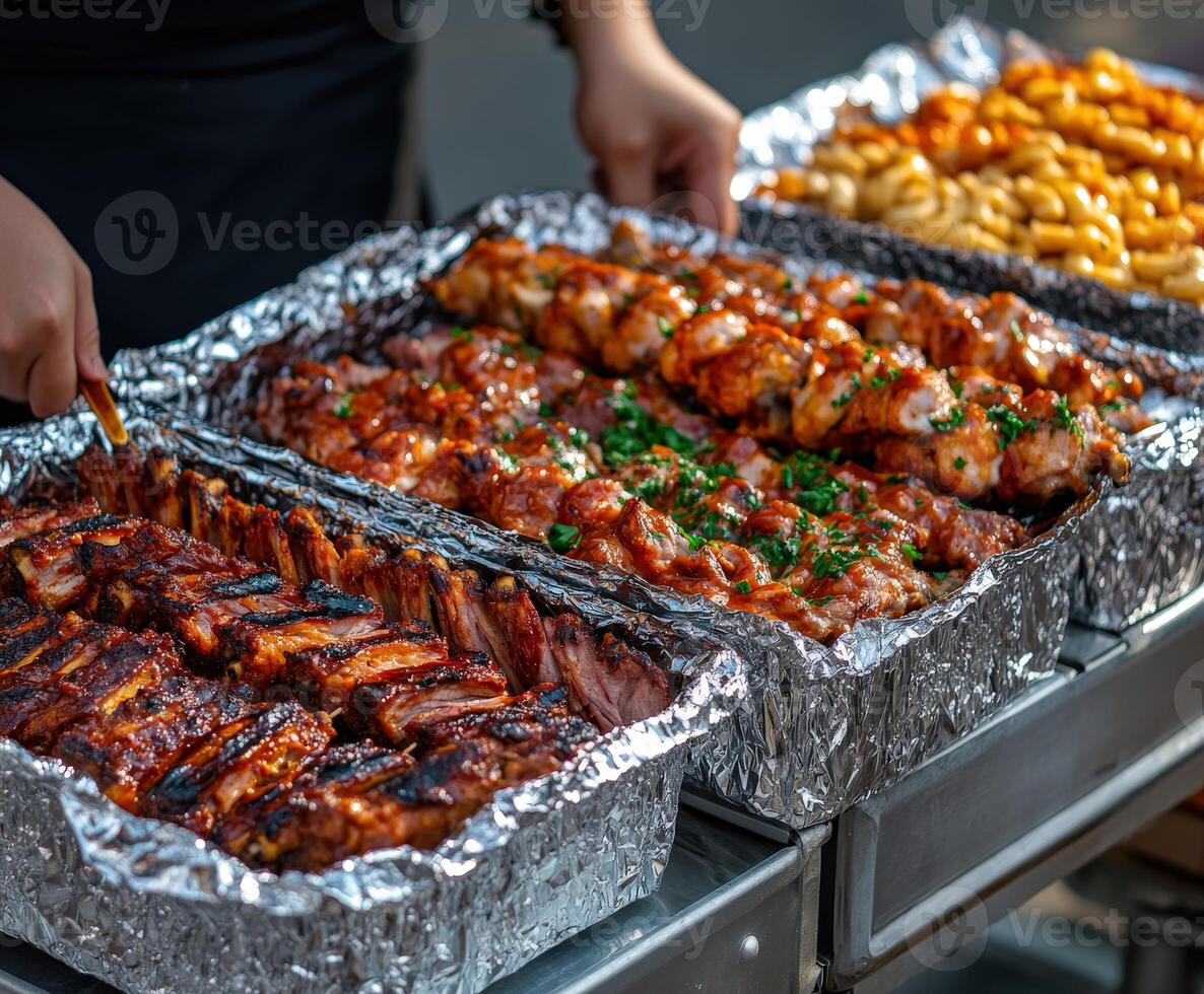 Delicious barbecue grilling at a bustling outdoor market in the evening photo