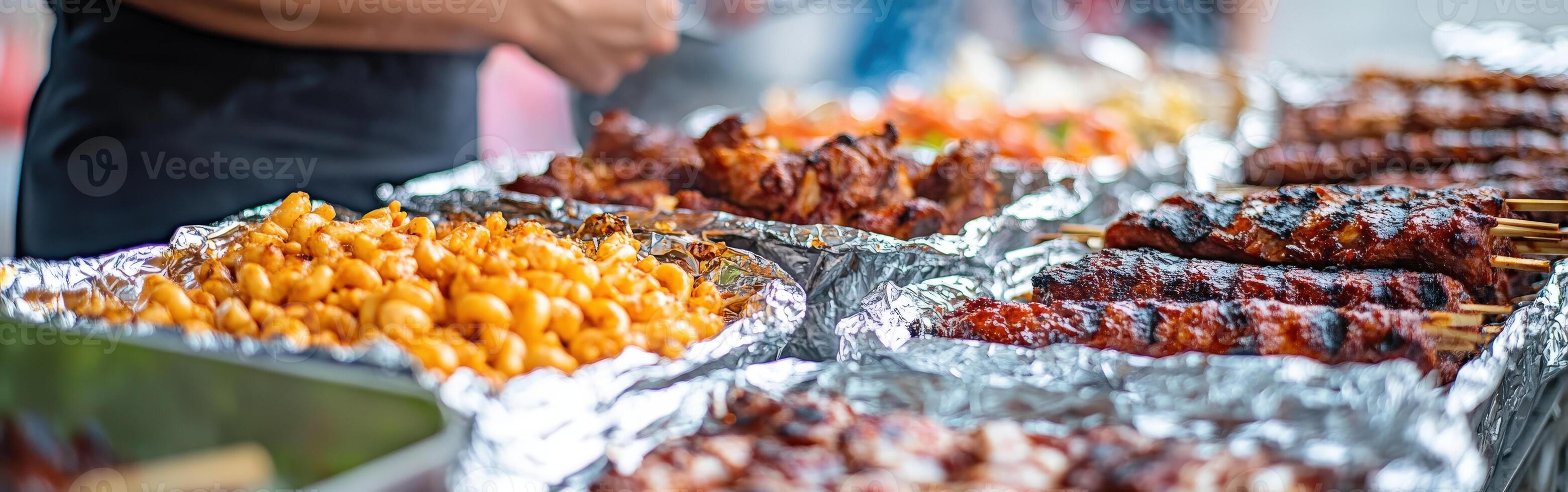 Street food festival offers diverse grilled delicacies and vibrant atmosphere photo