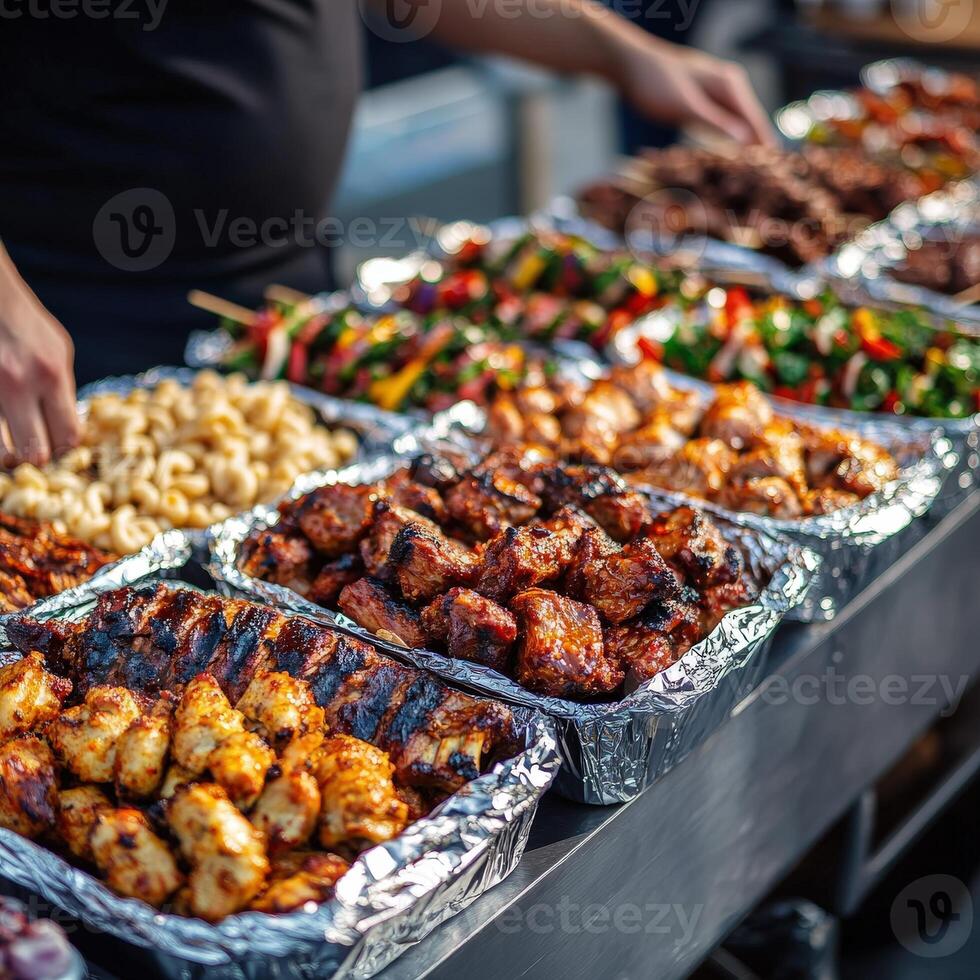 Grilled meats and savory dishes displayed at a bustling food market photo