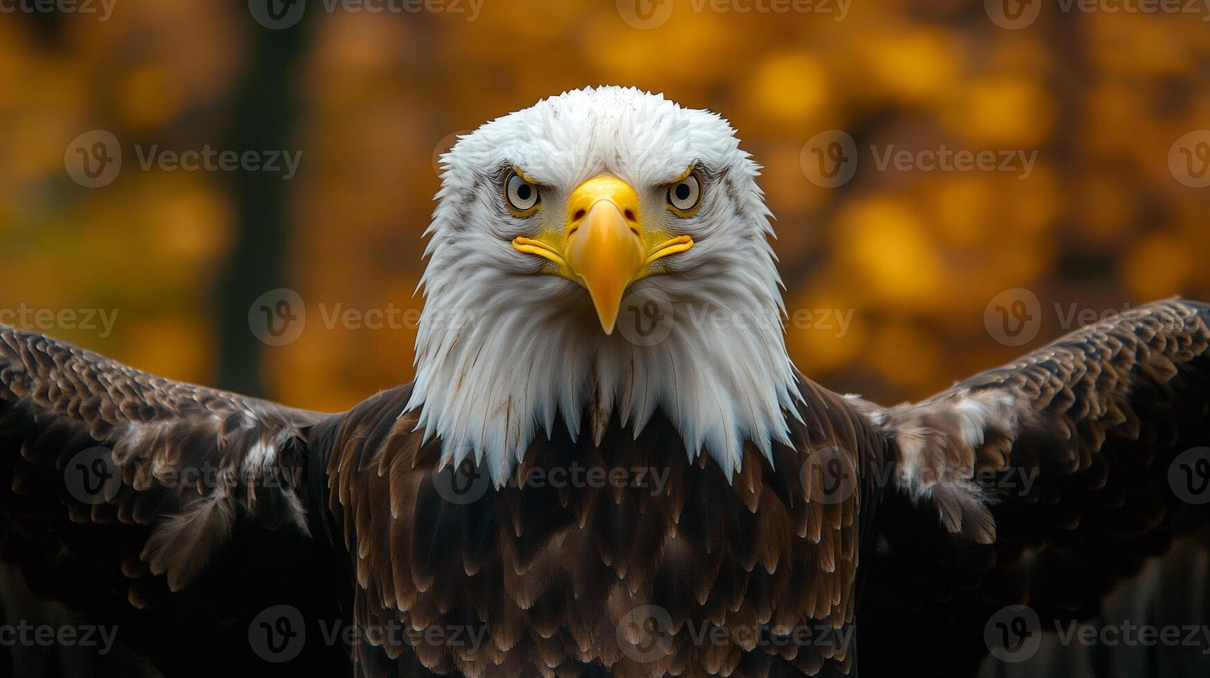 Majestic bald eagle opening its powerful wings in autumn scenery photo