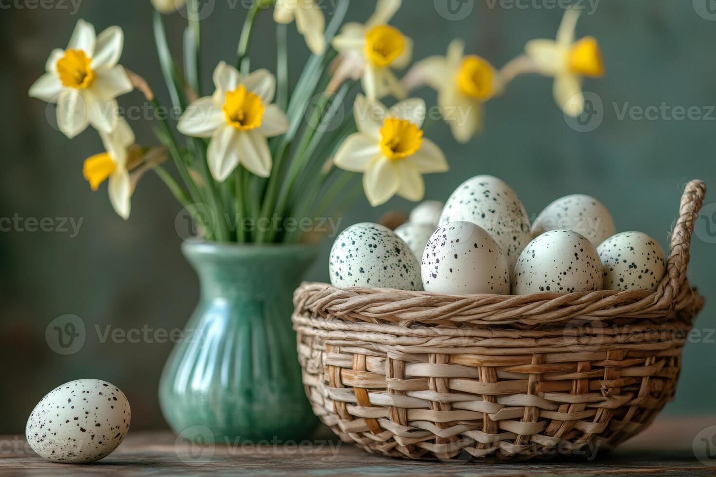 Easter eggs in basket with daffodils celebrating spring photo