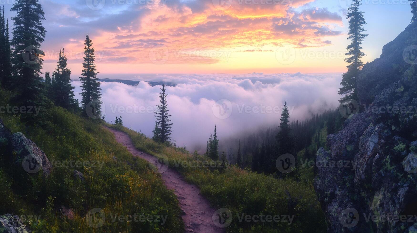 Hiking trail winds through mountain forest at sunset above clouds photo