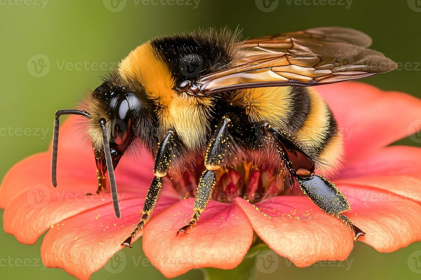 Bumblebee pollinating zinnia flower in summer garden close-up photo