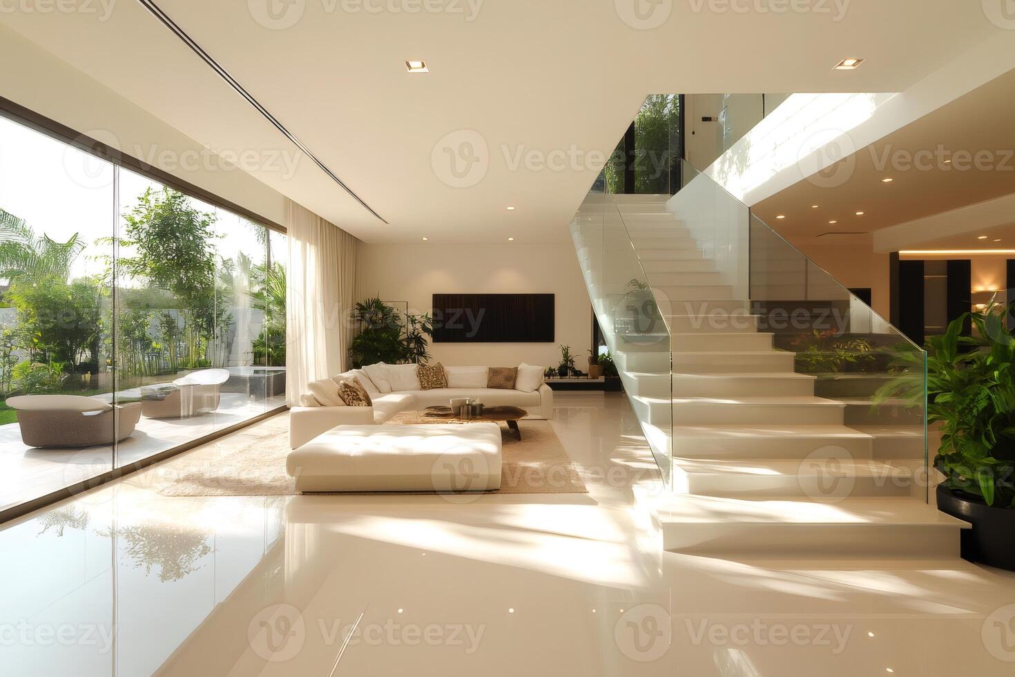Modern open plan living room with marble staircase and patio access photo