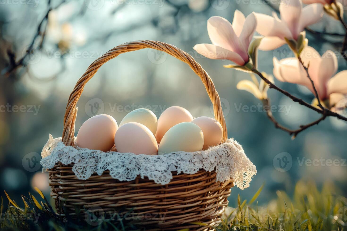 Easter eggs basket resting near blooming magnolia tree in spring garden photo