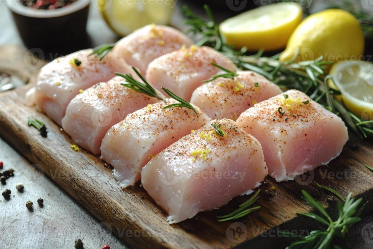 Raw chicken breast pieces seasoned with rosemary, lemon and pepper on wooden chopping board photo