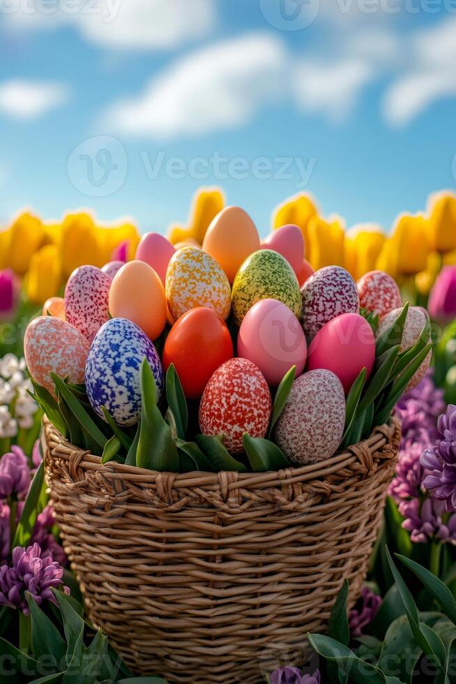 Colorful easter eggs overflowing from wicker basket in blooming flower garden photo