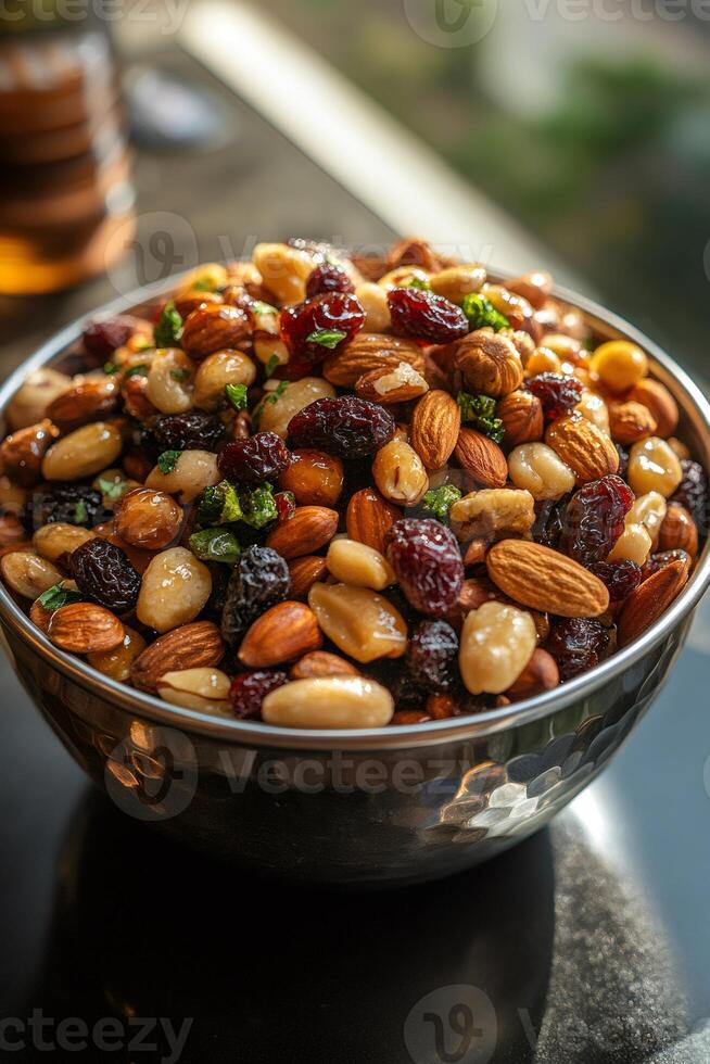 Metal bowl overflowing with trail mix of nuts, seeds, and dried fruit photo