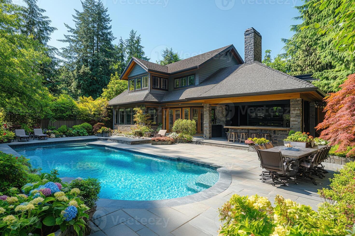 Luxury backyard with swimming pool and patio furniture on a sunny day photo