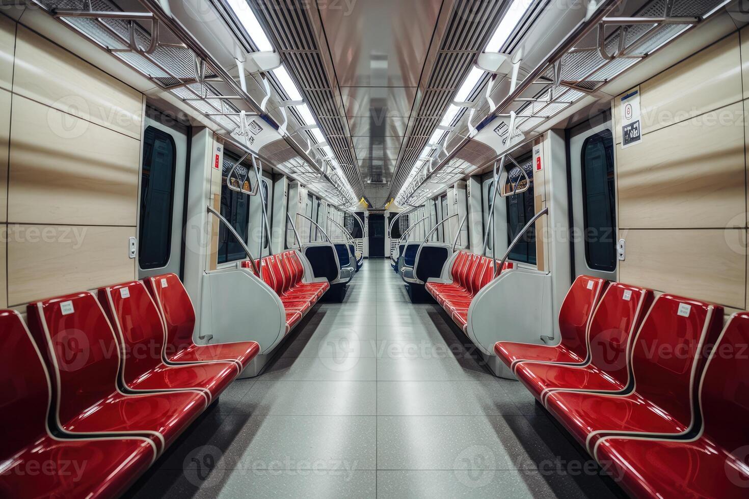 Empty subway car with red seats waiting for passengers photo