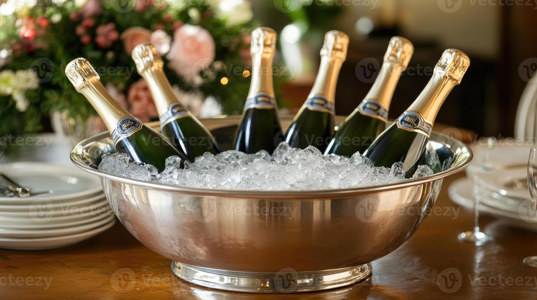 Champagne bottles cooling in ice bucket on table ready for celebration photo