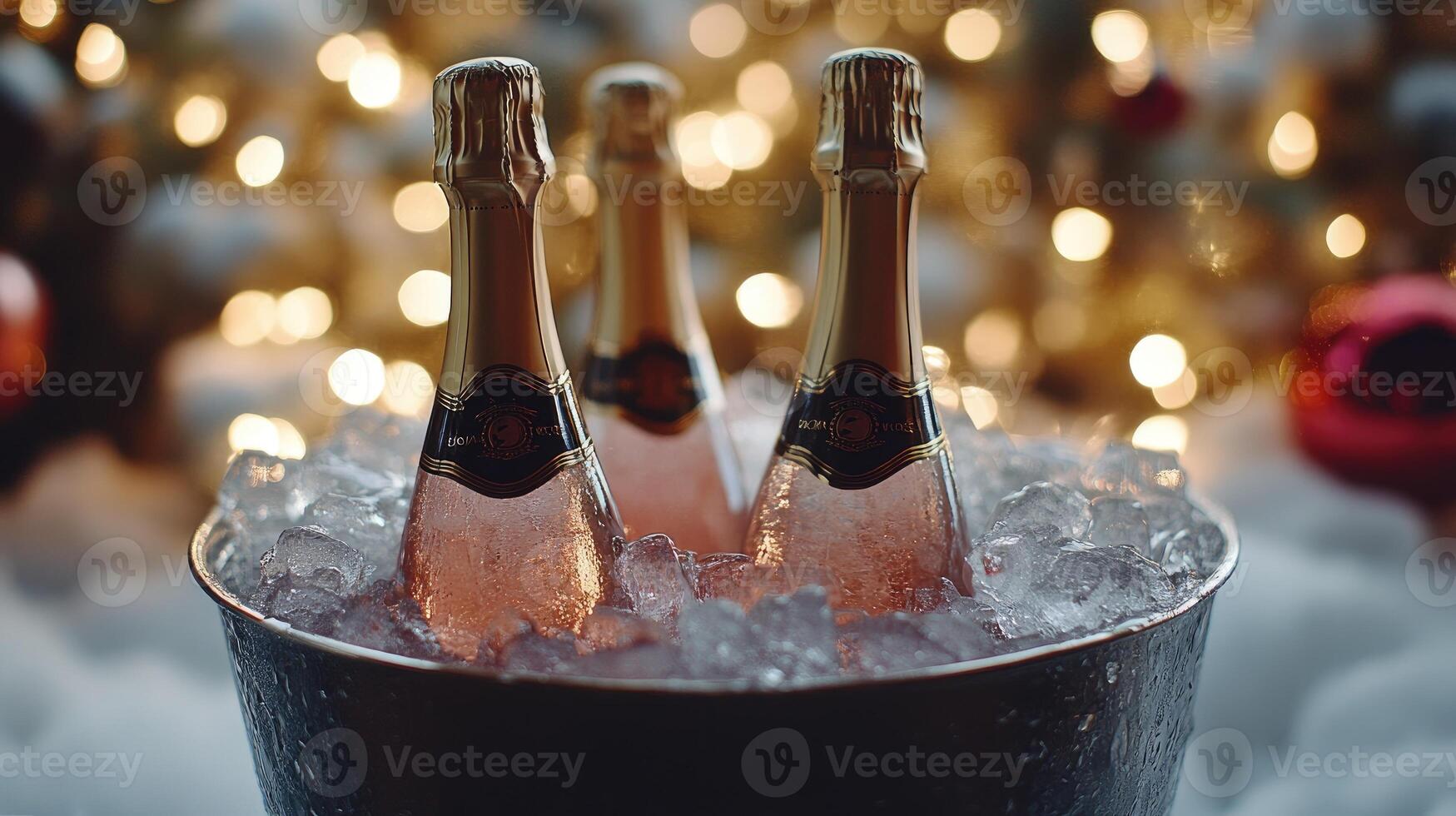 Rose champagne bottles cooling in ice bucket for christmas celebration photo