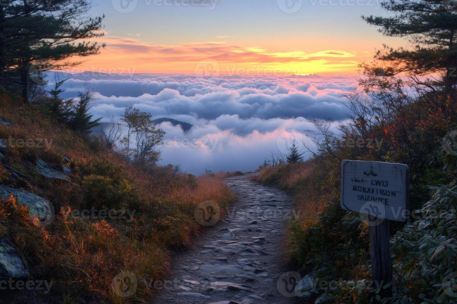 Stone path leading above the clouds at sunset on mount mitchell photo