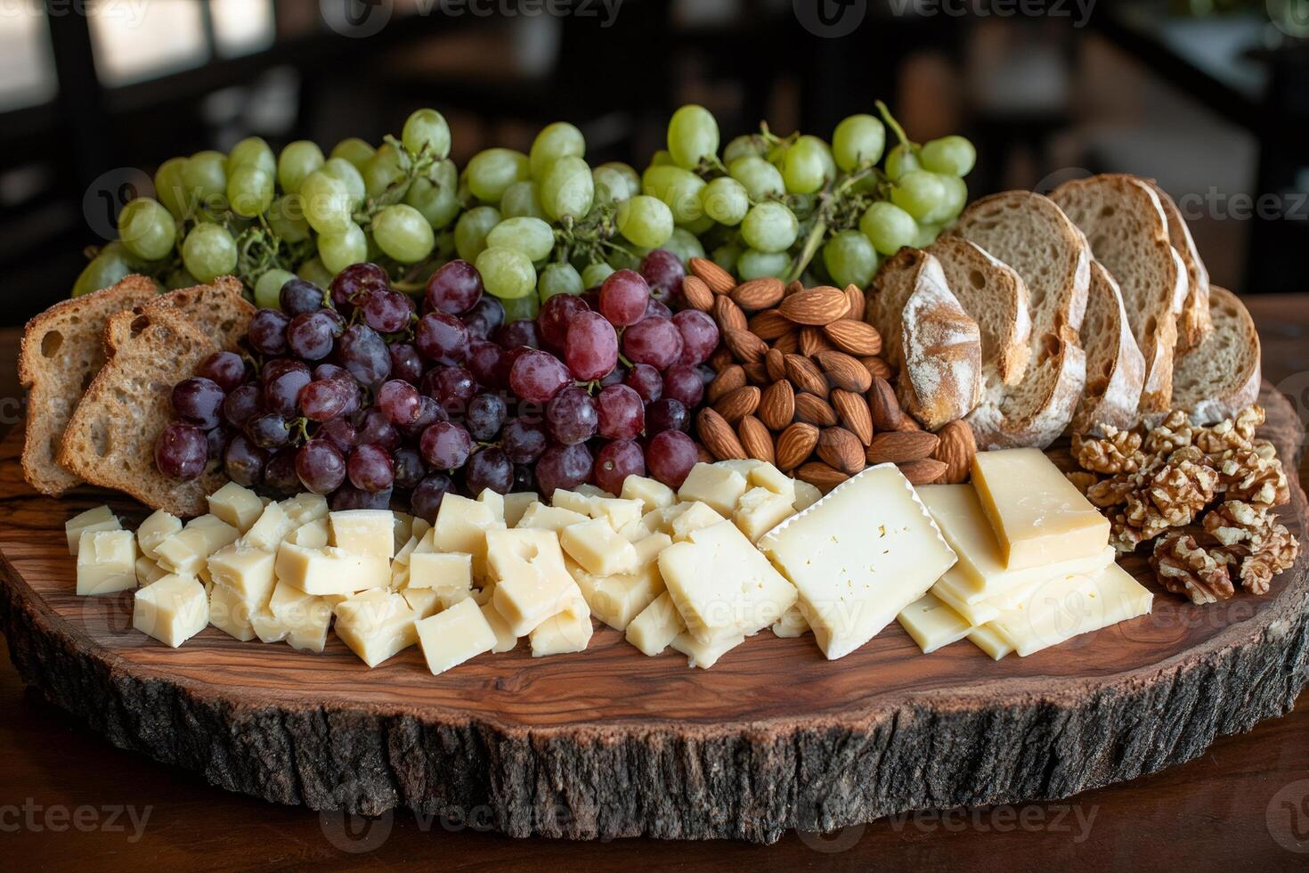 Cheese board displaying cheese, green grapes, red grapes, almonds, walnuts, and bread photo