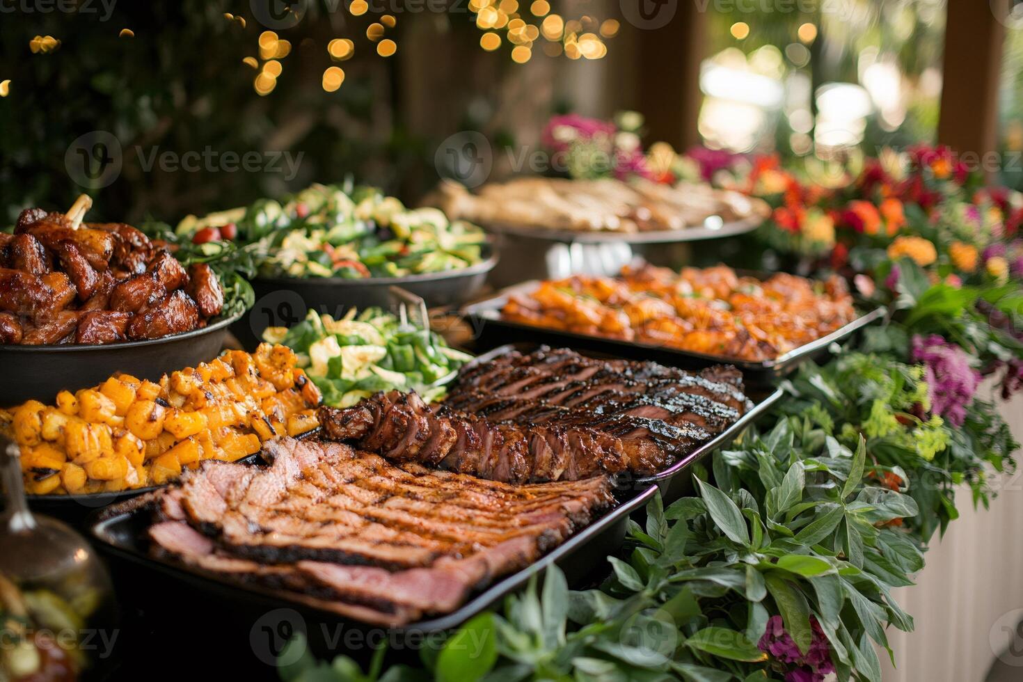 Buffet table decorated with greenery displaying delicious grilled meat and various side dishes photo