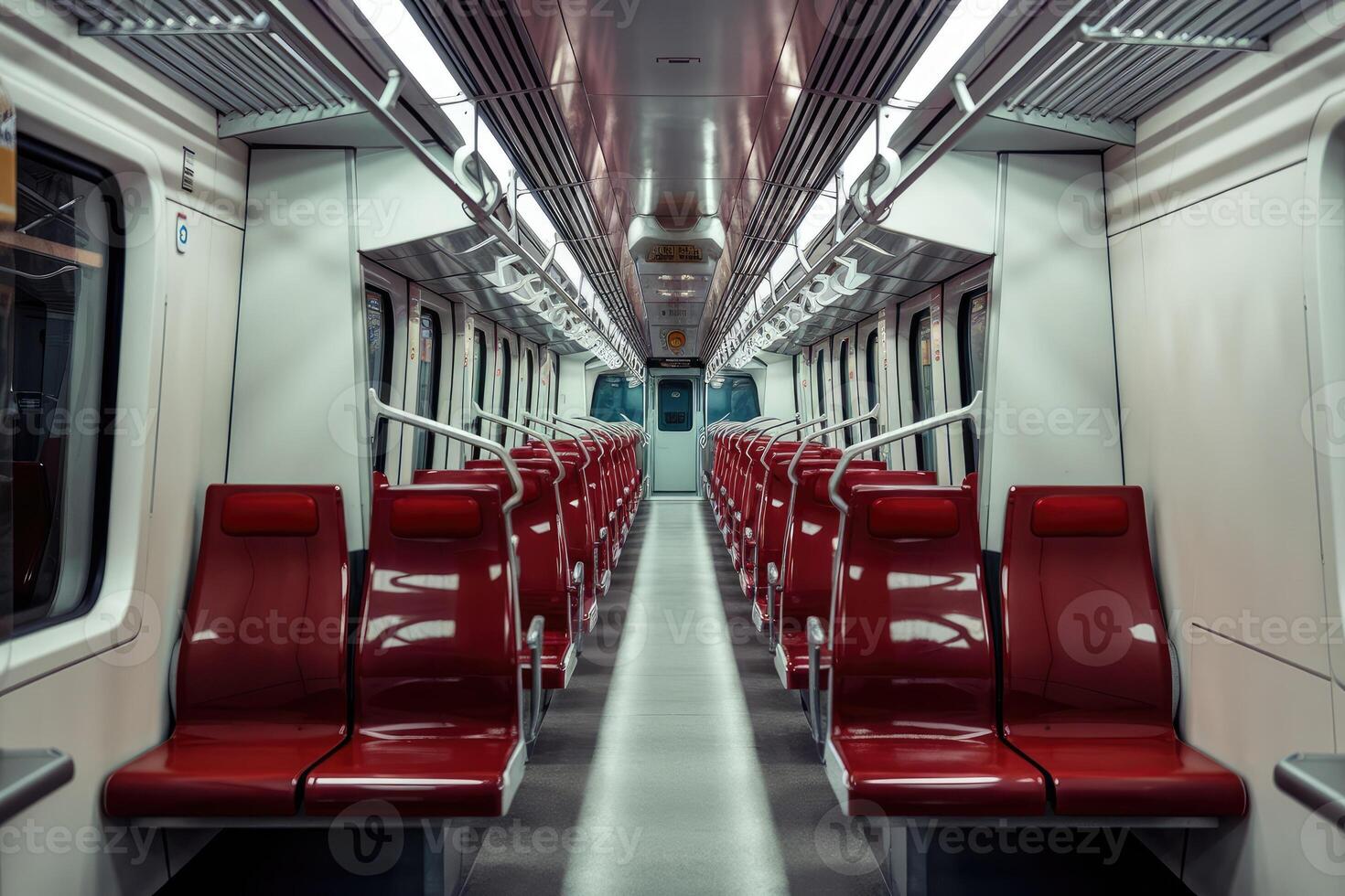 Empty subway car with red seats waiting for passengers photo