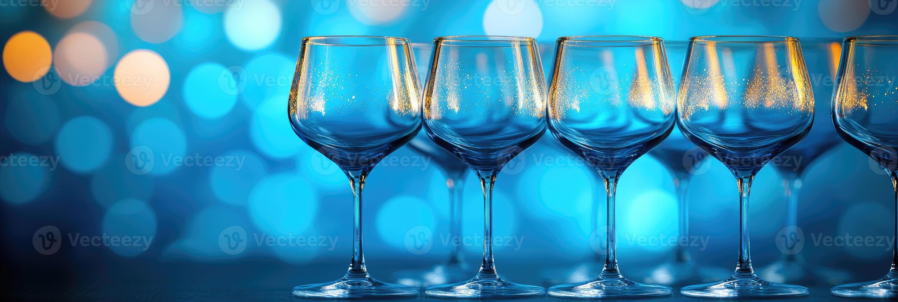 Empty wine glasses standing in a row on a blue bokeh background photo