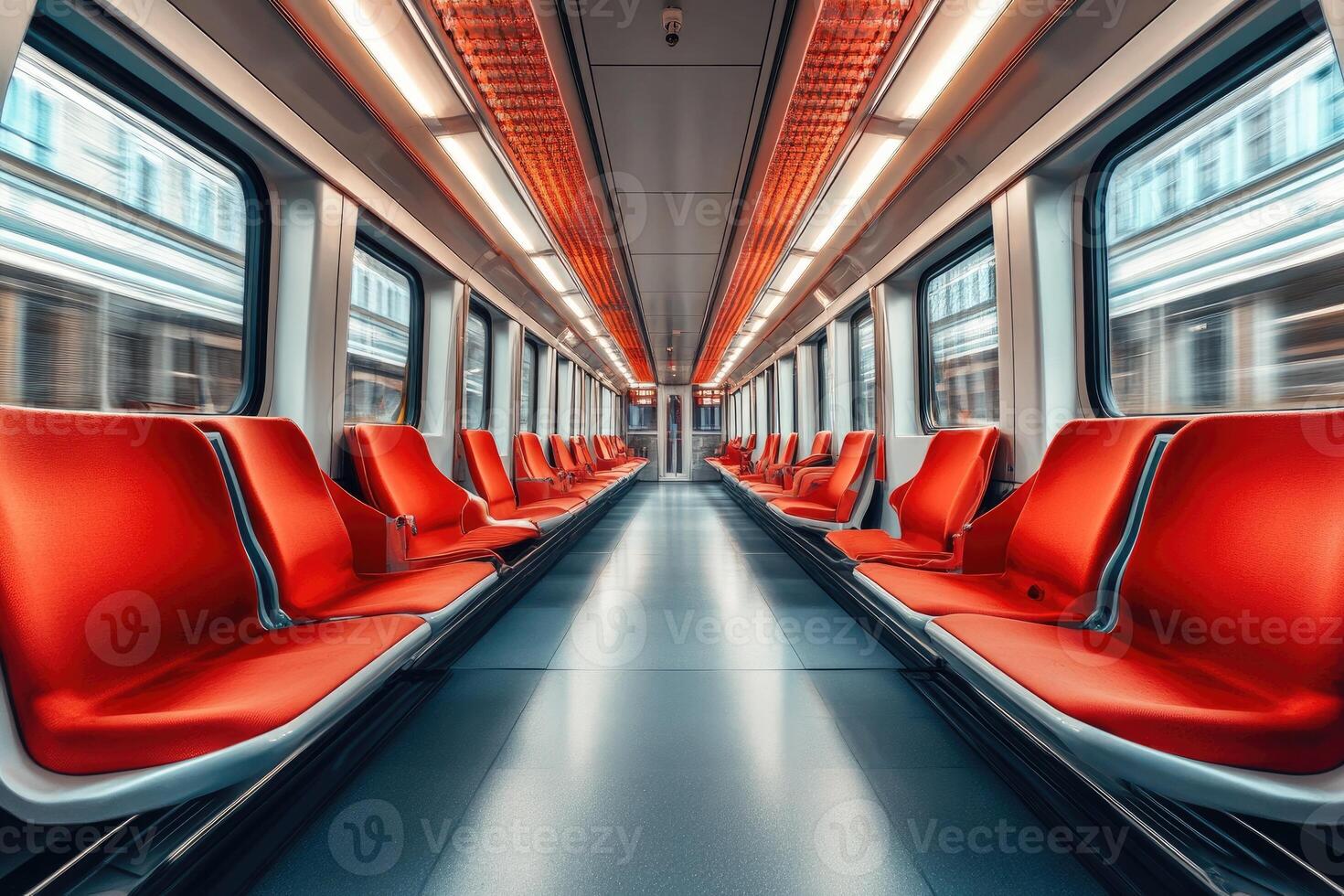 Empty modern subway car with red seats moving fast photo