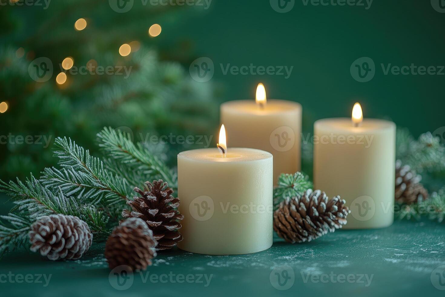 Burning christmas candles with pine cones and branches creating festive atmosphere photo