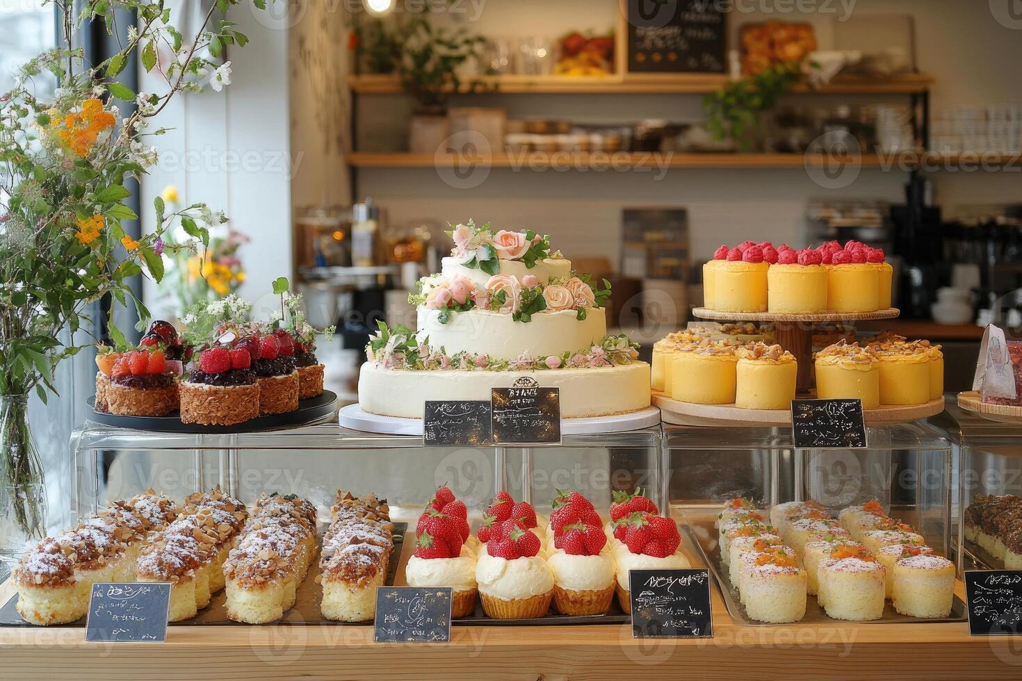 Delicious cakes and pastries displayed on wooden counter in bakery shop photo