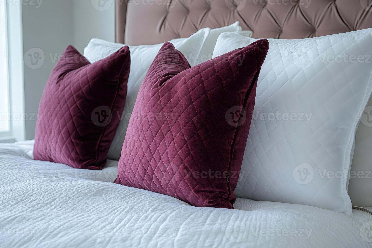 Elegant velvet cushions adding a touch of luxury to modern bedroom photo